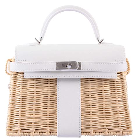 Hermes Picnic Kelly 20 White Swift/Osier Wicker Palladium 